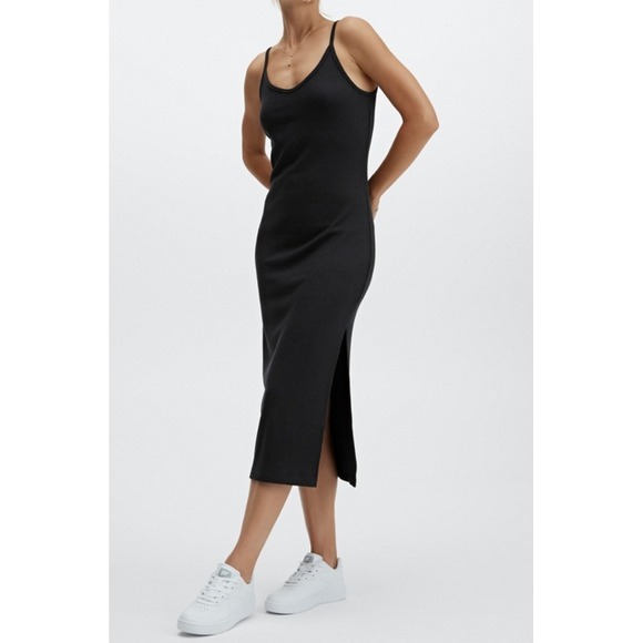Fabletics Aubrey Ribbed Dress Black Midi Slip Dress Sleeveless Casual - Picture 1 of 12
